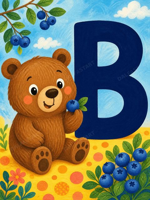 Alphabet B Blueberry Bear — printable digital art preview