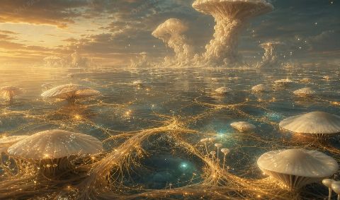 Golden Mycelium Sea — printable digital art preview