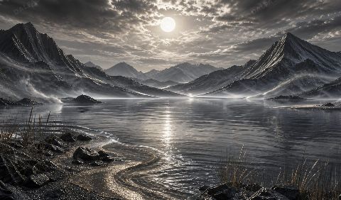 Graphite Sun Lake — printable digital art preview